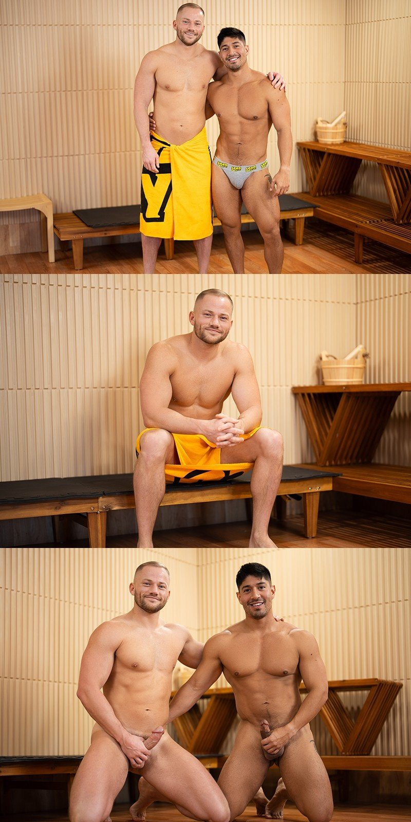 Blond Muscle Hunk Drills Latin Jock In The Sauna